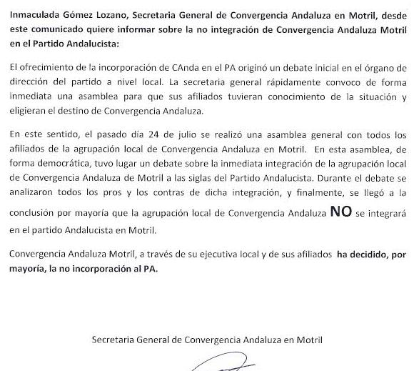 Convergencia Andaluza no se integrará con el PA en Motril